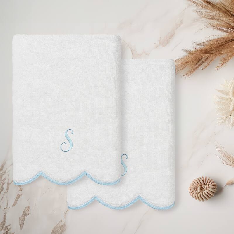 Authentic Hotel and Spa 100% Turkish Cotton Blue ADORNIA Scallop Personalized 2 Piece Hand Towel Set - 2 Hand Towels