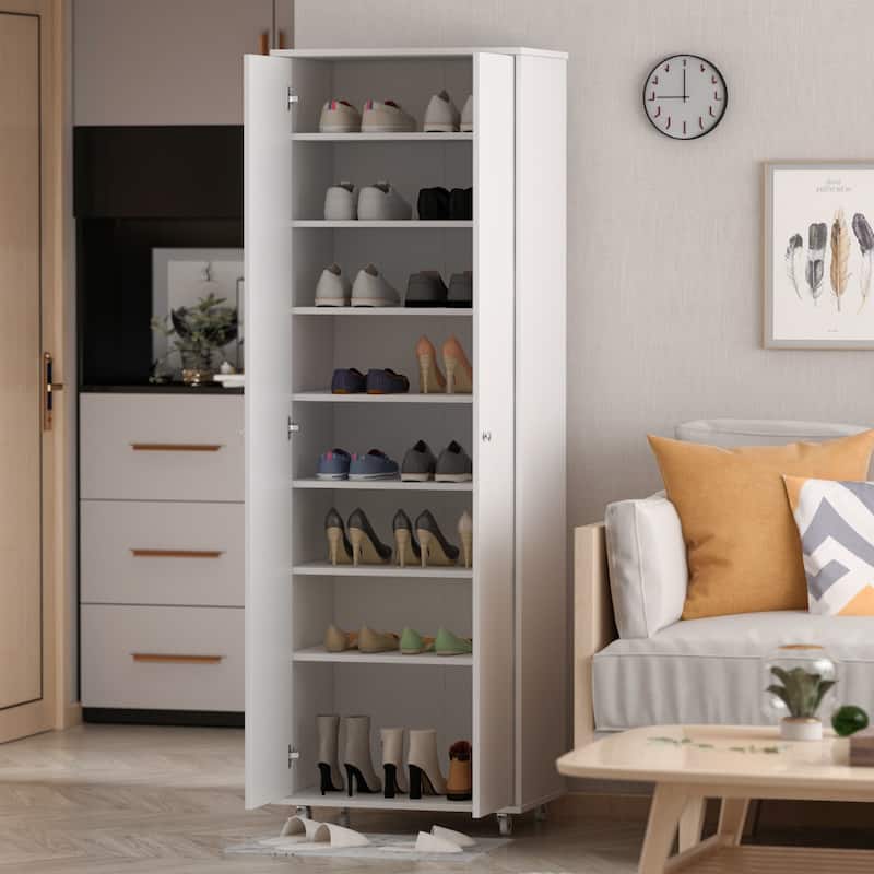 70.9"H Entryway Closet Cabinet Shoe Cabinet Adjustable Shelves Wheels