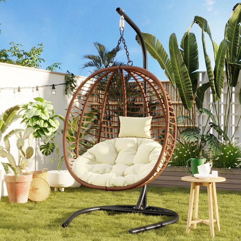 Single Person Folding Egg Chair with Stand, Indoor Outdoor Hanging Wicker Swing Chair with Adjustable Feet