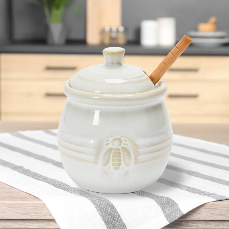 Stoneware Honey Pot with Lid & Wood Honey Dipper On Sale Bed Bath