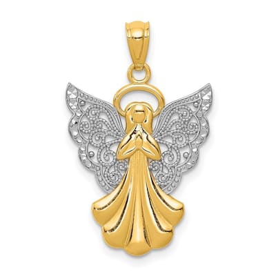 Curata 14k Yellow Gold Rhodium 18" Filigree Angel Pendant Necklace - 28x17.7m