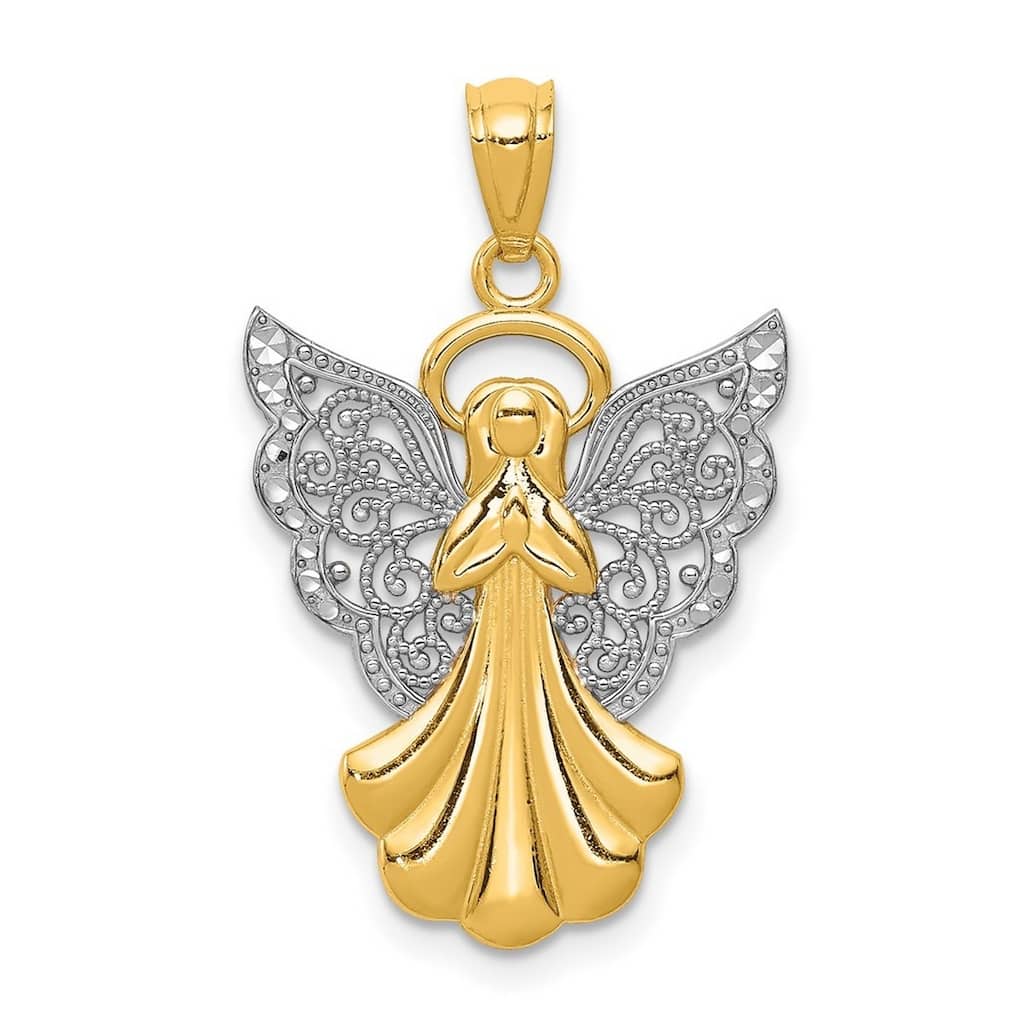 Curata 14k Yellow Gold Rhodium 18" Filigree Angel Pendant Necklace - 28x17.7m