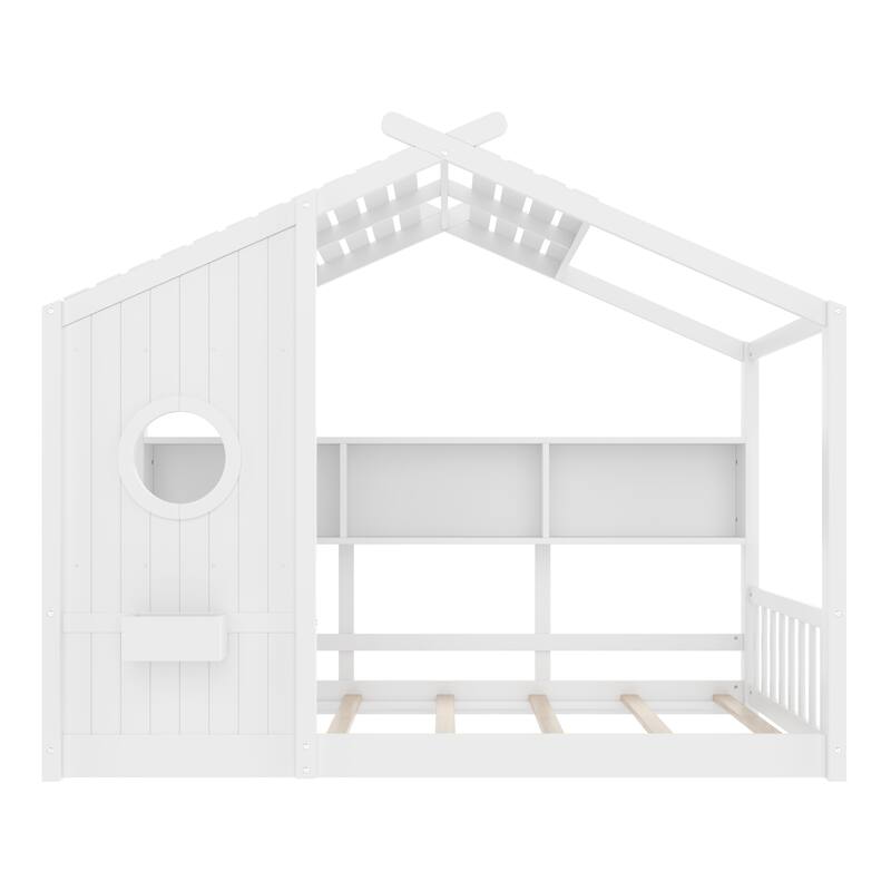 House Bed Frame for Toddler Floor Bed, Kids Montessori Bed with Storage Shelf and Round Window, Playhouse Bed with Roof Design