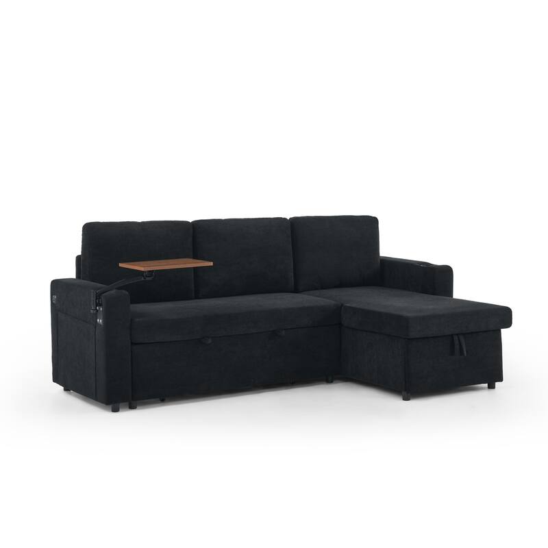 Roomfitters Modern Chenille Pull-Out Bed Sofa with Retractable Table, LED Lighting, USB Ports and Cup Holders