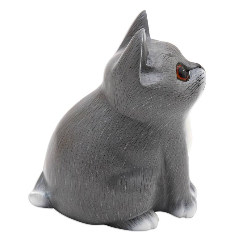 Novica Handmade Dreamy Kitten Wood Figurine