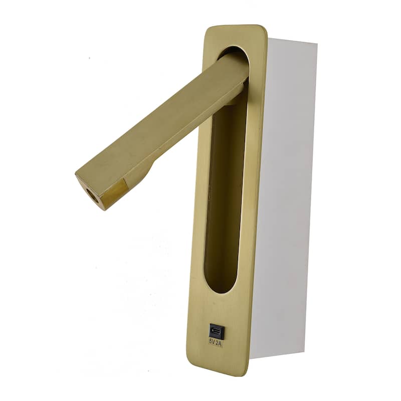 1-Light Satin Brass Metal LED Wall Sconce With One USB Port And A Clear Frosted Len