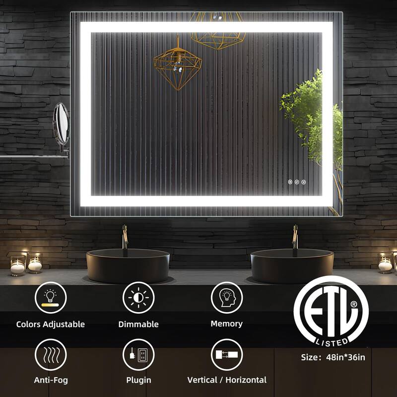 LED Bathroom Mirrorwith Front and Backlight, Stepless Dimmable Wall Mirrors with Anti-Fog