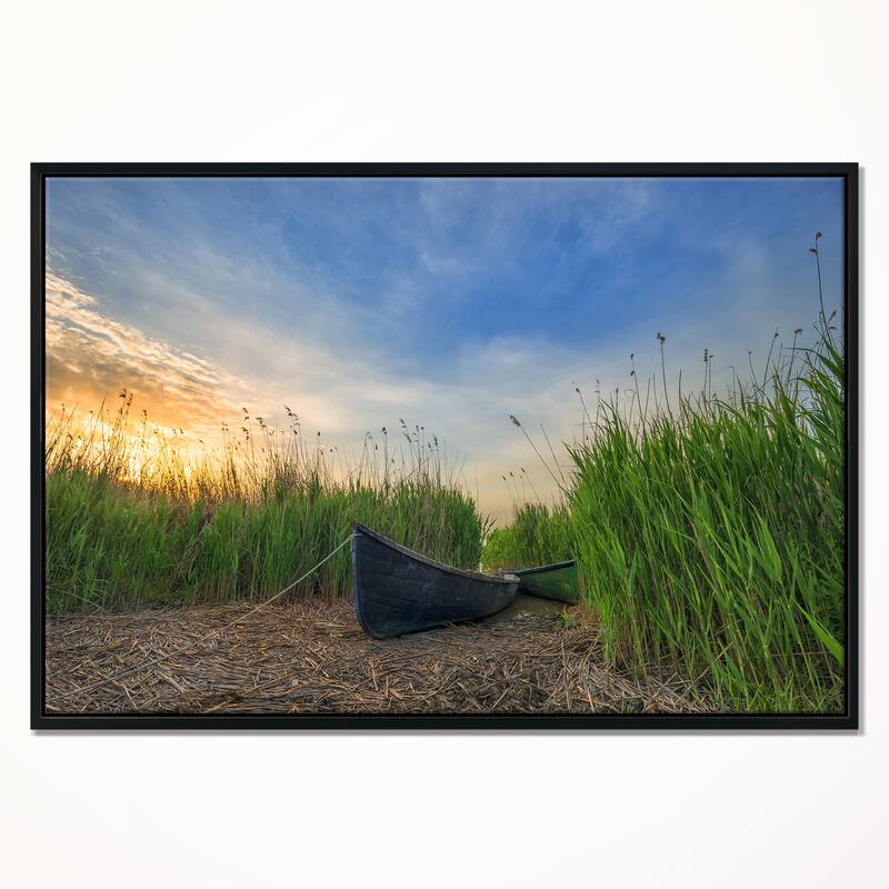 Designart "Old Fisher Boat Near Lake" Landscape Photography Framed Canvas Print