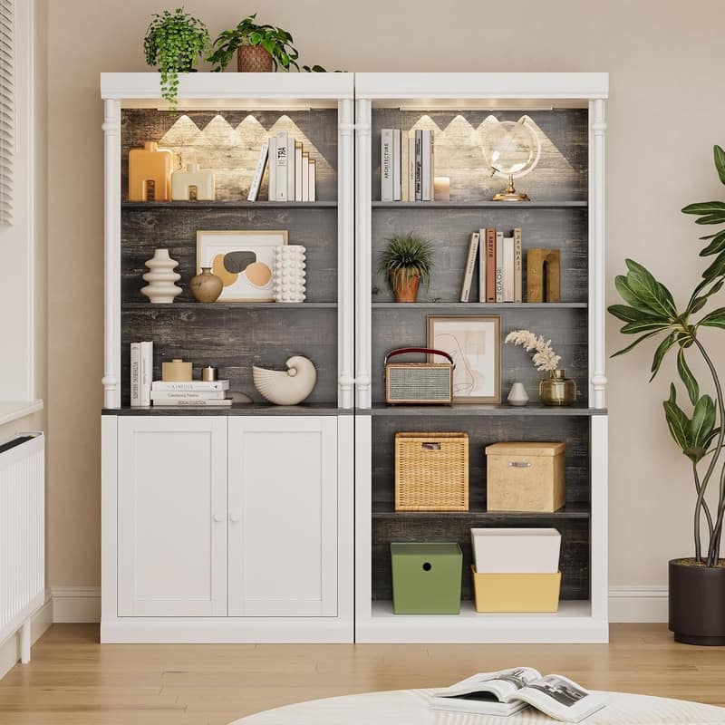 5-Tier Bookshelf Storage Cabinet with Doors Adjustable Shelves and LED Lights