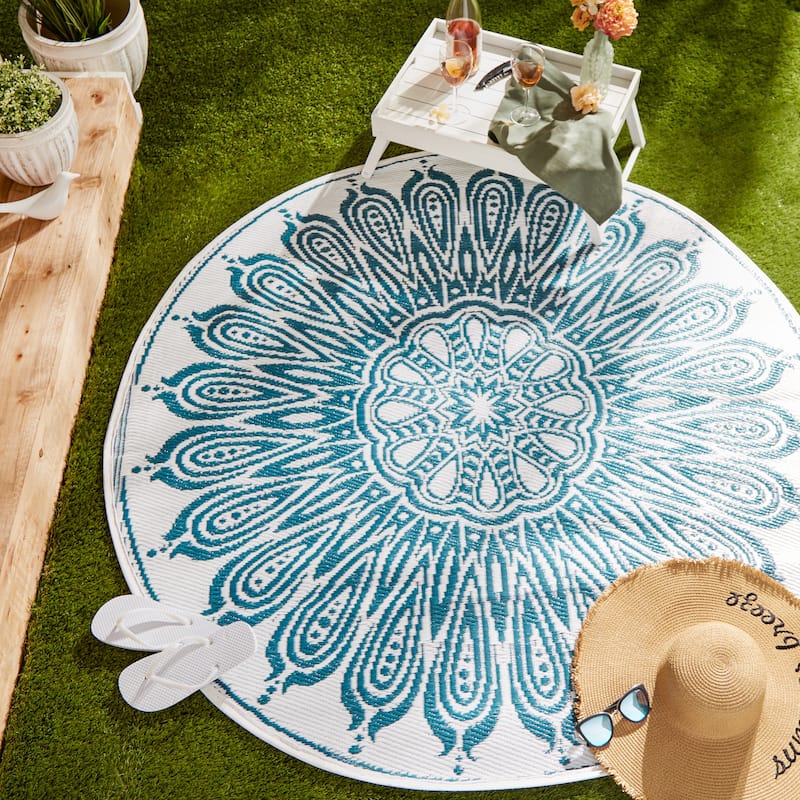 DII Blue Sunflower Outdoor Rug 5 Ft Round