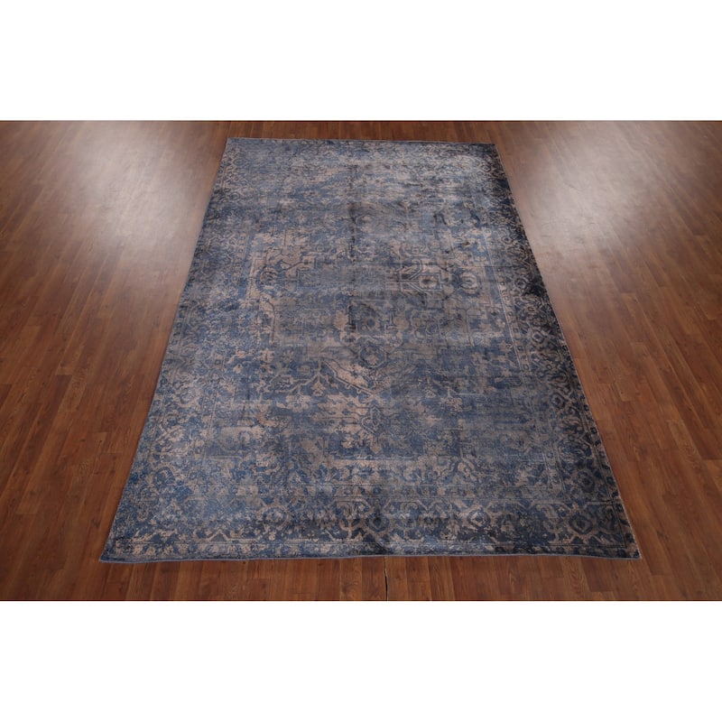 All-Over Blue Abstract Indian Area Rug Handmade Wool Carpet - 6'7"x 9'8"