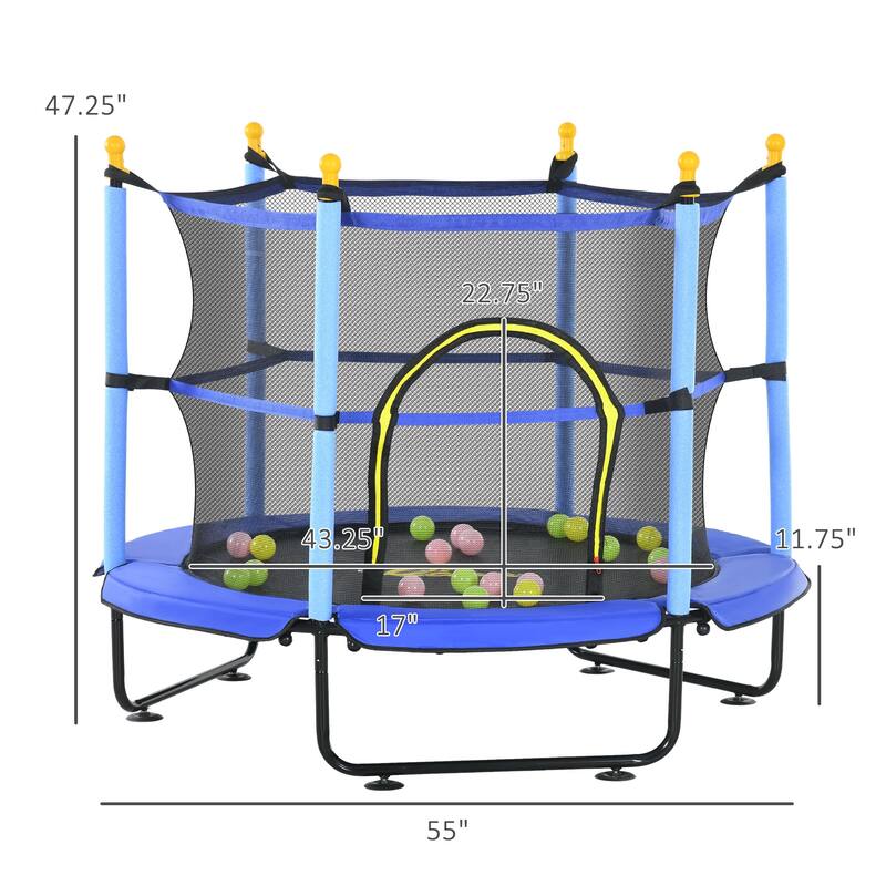 Qaba 4.6' Trampoline for Kids, 55 Inch Toddler Trampoline with Safety Enclosure & Ball Pit for Indoor or Outdoor Use