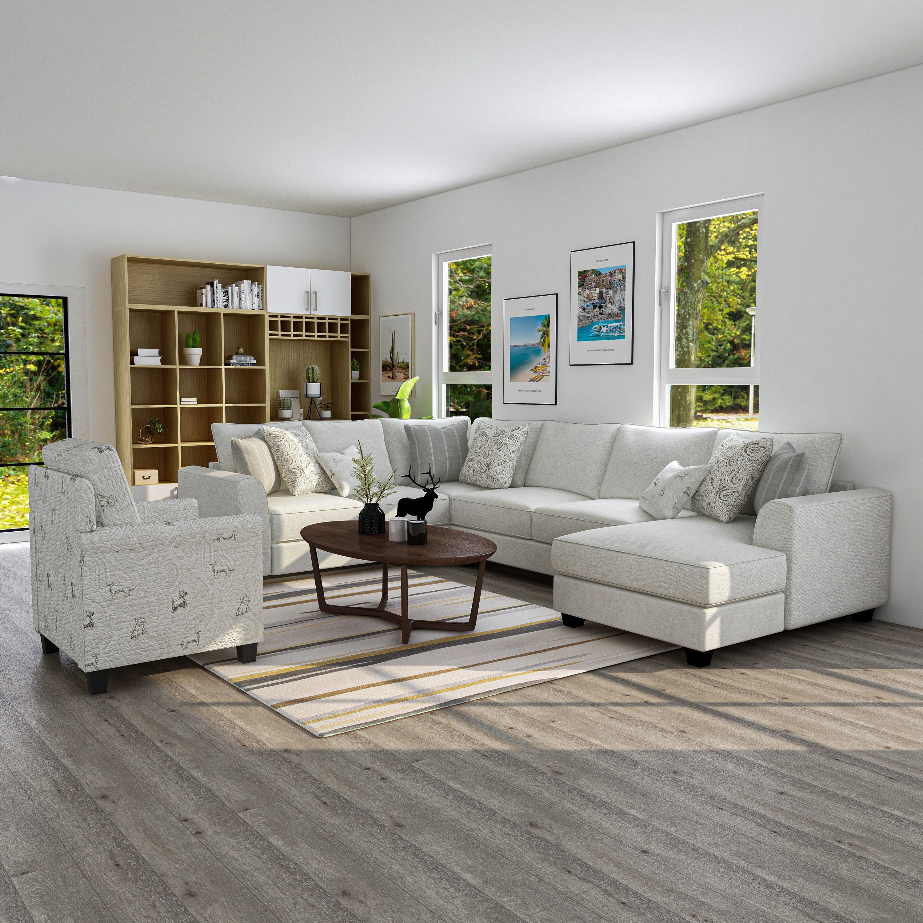 Restian Transitional Ivory Chenille 2 Piece Sectional and Dog Pattern Chair Set by Furniture of America