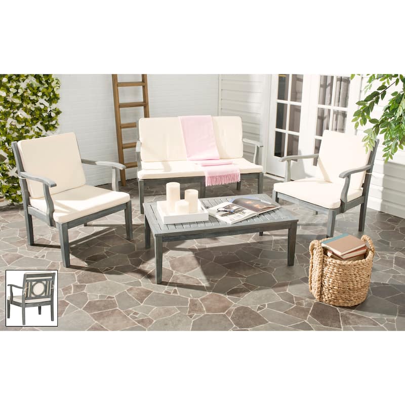 SAFAVIEH Outdoor Maryam Acacia Wood 4-Piece Patio Set - 48W x 32D x 25H - Ash Grey/Beige