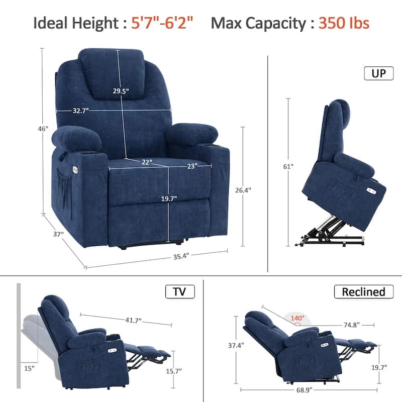 MCombo Large Power Lift Recliner Chair with Massage, Cup Holders, Extended Footrest, Fabric 7516