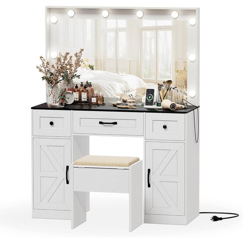 43.3'' Wide Makeup Vanity Dressing Table with Adjustable Lighted Mirror and Stool, Power Outlet
