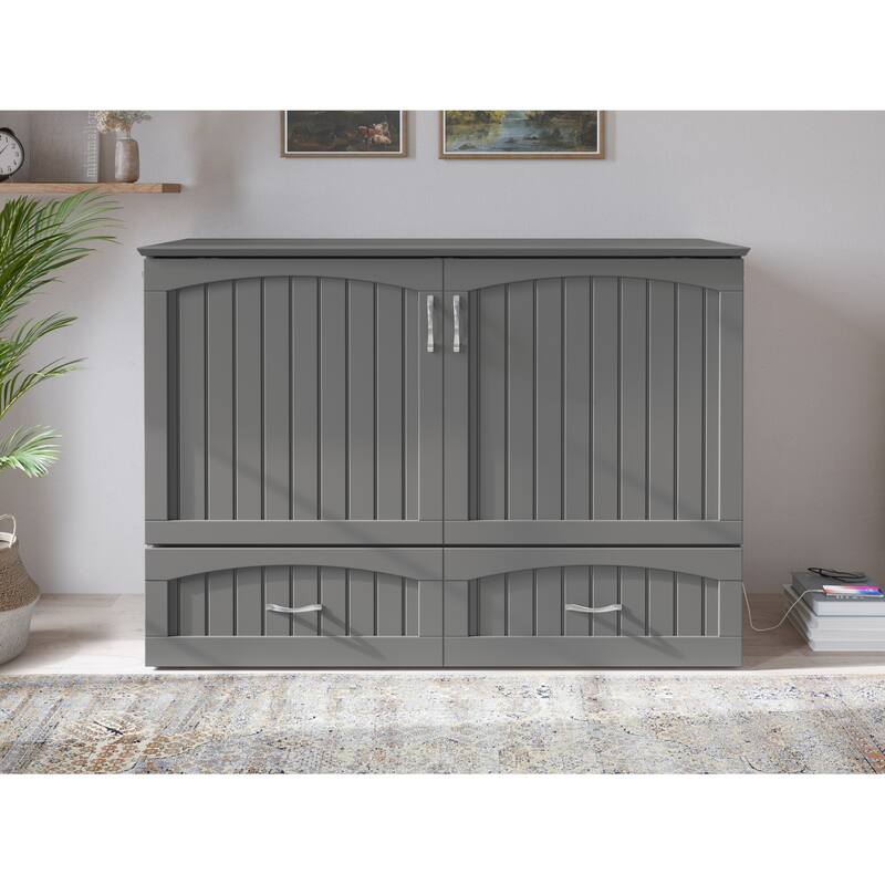 Murphy Bed Chest Full Size - Memory Foam Mattress & USB Charging - Grey Compact Space Saver