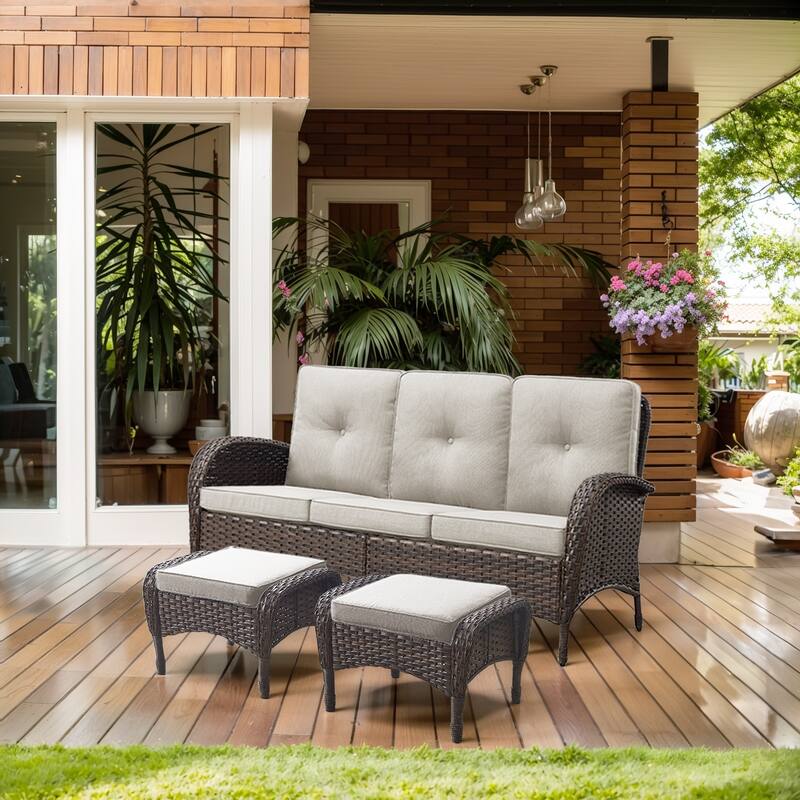 Pocassy Patio Outdoor Sofa Swivel Chairs with Ottman Table Set - Brown Wicker Beige Cushion - 3-Piece 3-Seat Sofa with Ottoman