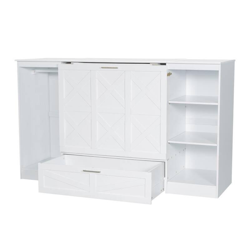 Roomfitters Twin Murphy Bed with Side Wardrobe, Open Shelves and Fold-Out Sleeping Space, White