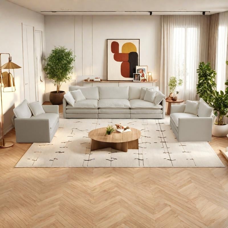 5-Seat Chenille Living Room Sofa Set (3-Seater + 2 Accent Chairs) with Round Arms & Solid Wood Frame