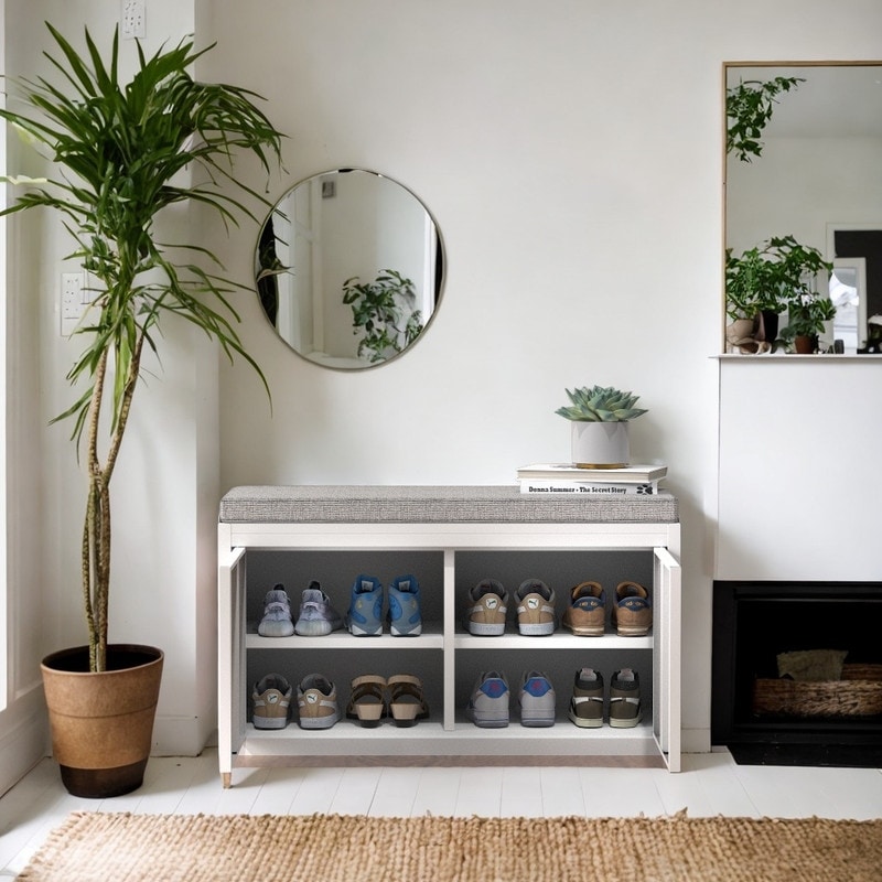 Steel 2 Tier Change Storage Shoes Bench with Padded Seat 2 Door Shoe Rack for Living Room White