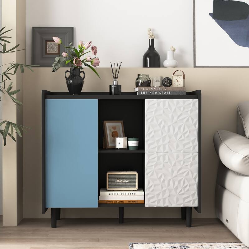 Sideboard Buffet Cabinet, Black Storage Cabinet with Red Doors - Black+Blue