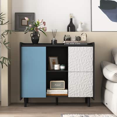Sideboard Buffet Cabinet, Black Storage Cabinet with Red Doors
