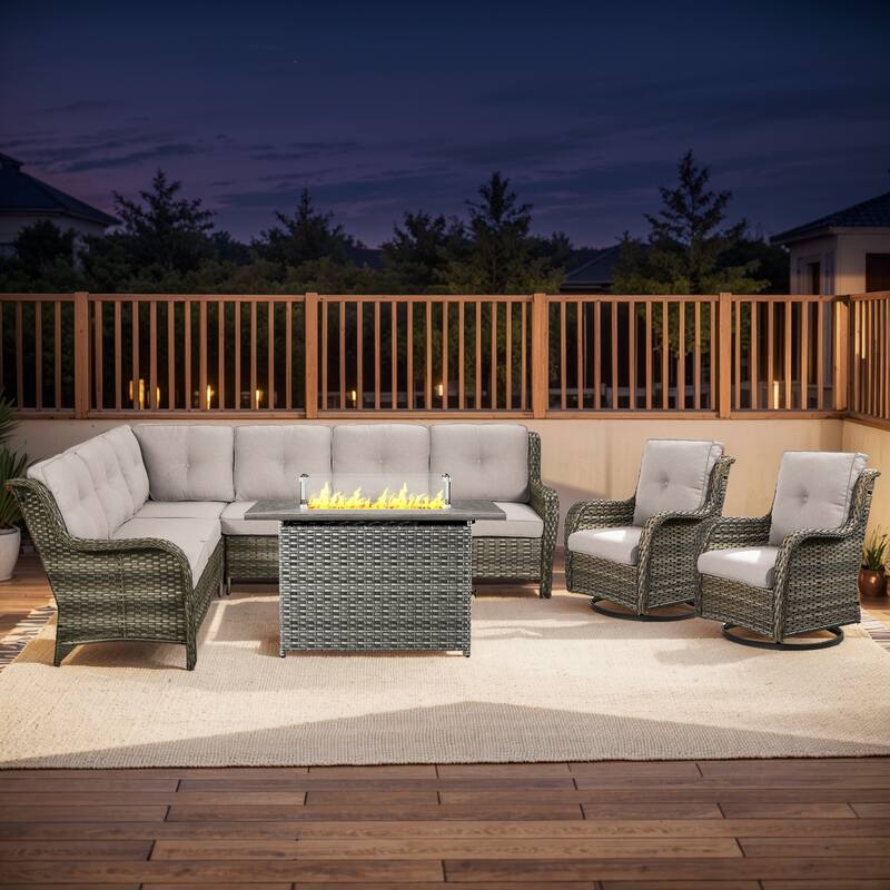 Outdoor 2 Sectional Sofa with Fire Pit Table Set - Sectional Sofa with Rectangular Fire Table - Grey Rattan - Beige Cushion