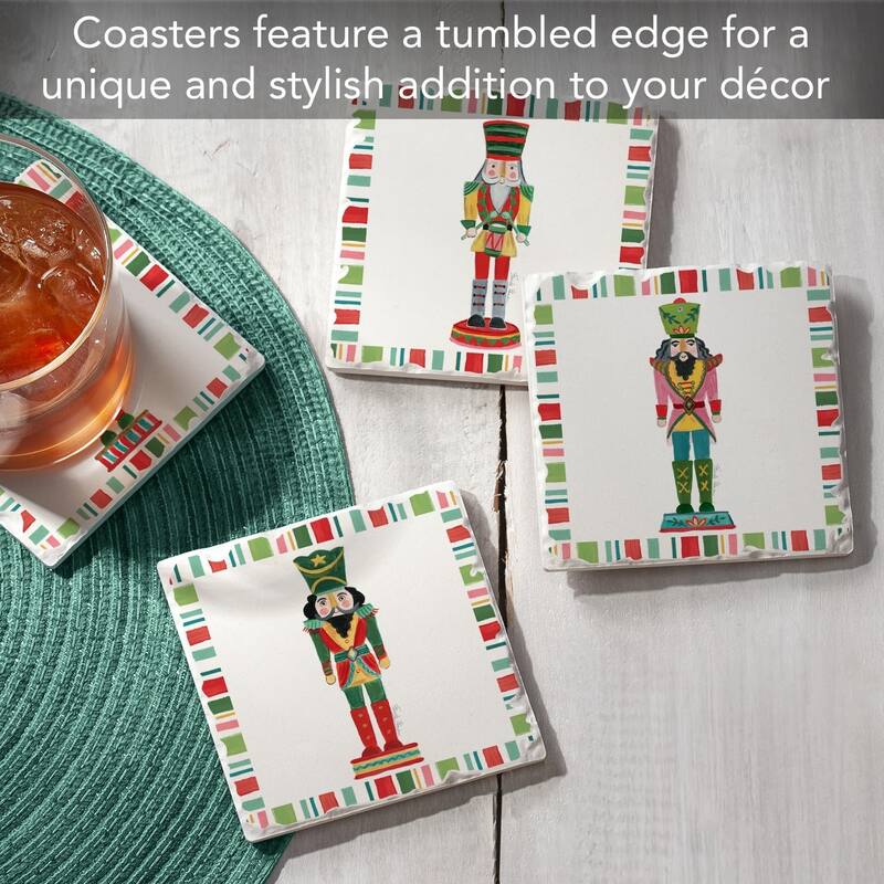 Holiday Nutcrackers 4-Pack Tumbled Tile Stone Coasters Manufactured in The USA Absorbent Easily Wipes Clean