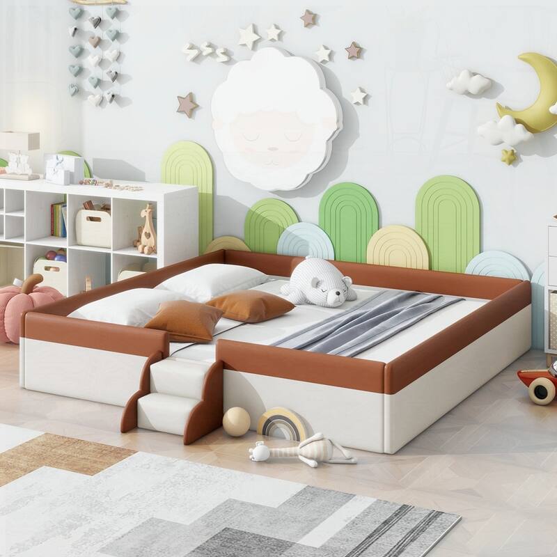 Upholstered Daybed Frame with Fence and Stairs - Brown/white - King