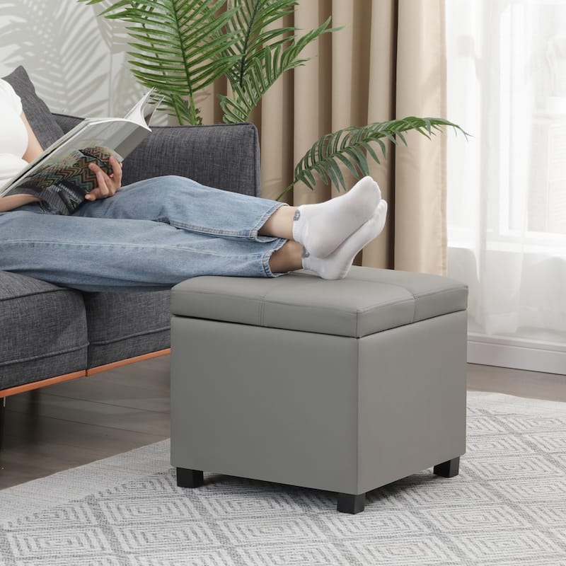 Adeco 17.5" Faux Leather Storage Ottoman with Wooden Legs