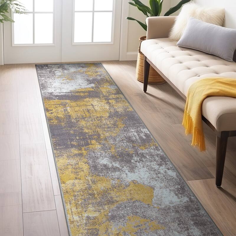 Contemporary Distressed Abstract Non Slip Area Rug - 2' x 7' - Runner