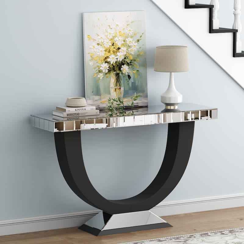 Modern Mirror Console Table with U-Shaped Black Wood Base