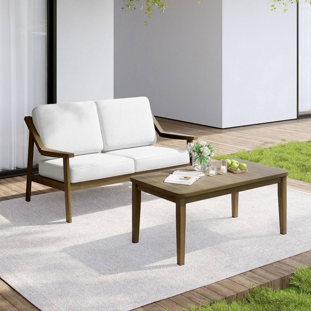 Outdoor Wood Teak Cushioned Patio 2 Seater Loveseat with Coffee Table