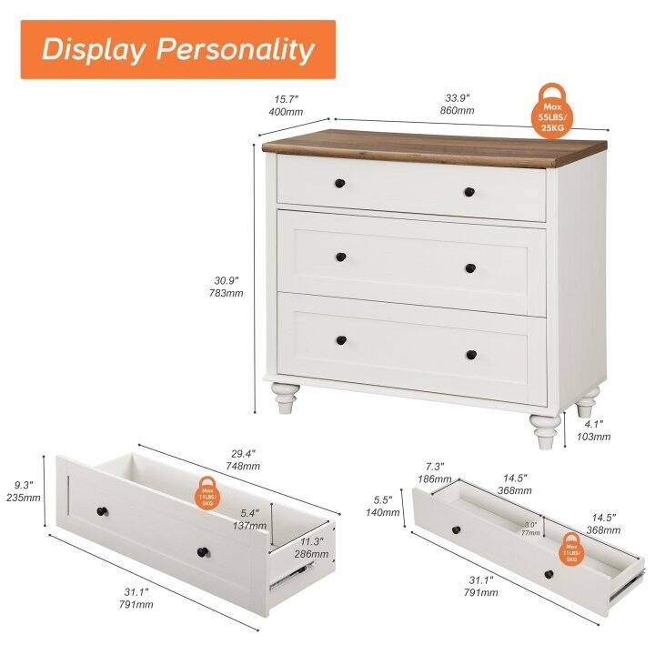 WAMPAT 3 Drawer Dresser ,Wood Storage Dresser for Bedroom