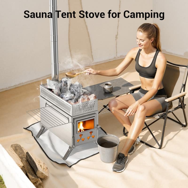 Wood Burning Sauna Hot Tent Stove, 2 in 1 Stove with Chimney Pipe