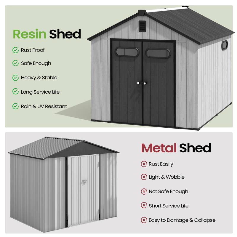 VredHom 8X8/8X10/8X12 FT All-Weather Outdoor Resin Storage Shed with Windows Floor for Patio Furniture and Tools