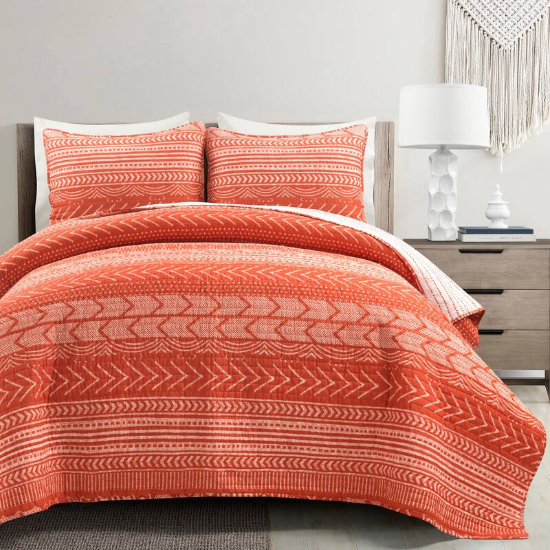Lush Decor Hygge Geometric Pattern 3-piece Quilt Set - Burnt Orange - Full - Queen
