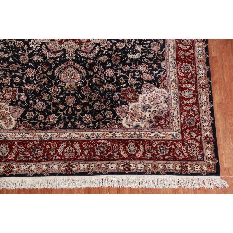 Hand Knotted Oriental Wool & Silk Carpet Traditional Floral Navy Blue & Blues Tabriz Area Rug - 9' 8'' X 7' 10''
