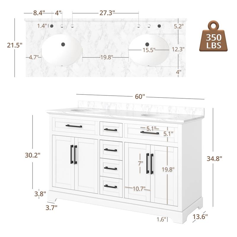 36/48/60 in. Bathroom Vanity in Wood with Ceramic Undermount Sink, Vanity with soft close Drawers