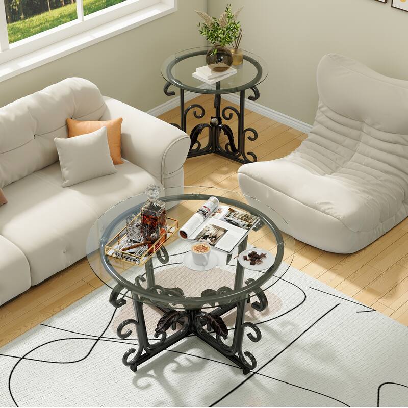Anmytek 3 Piece Modern Space Saving Coffee Table Set with 2 End Tables Tempered Glass Top Sturdy Metal Frame