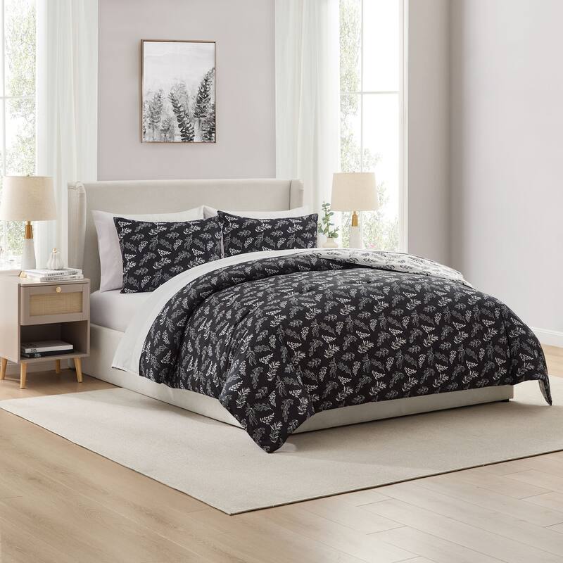 Empyrean 7 Pc Botanical Comforter Set with Sheets, Soft Breathable Lightweight Bedding Bag - Jet Black/Optical White - Full
