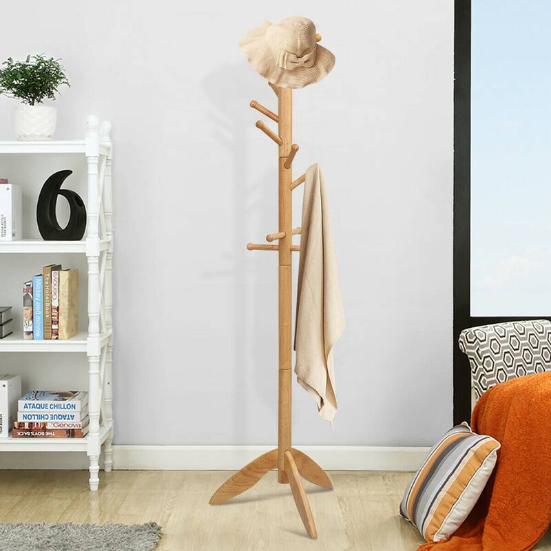 Gymax Wooden Coat Rack Hanger Hall Tree Entryway w/ 10 Hooks 2 Heights - See Picture Description