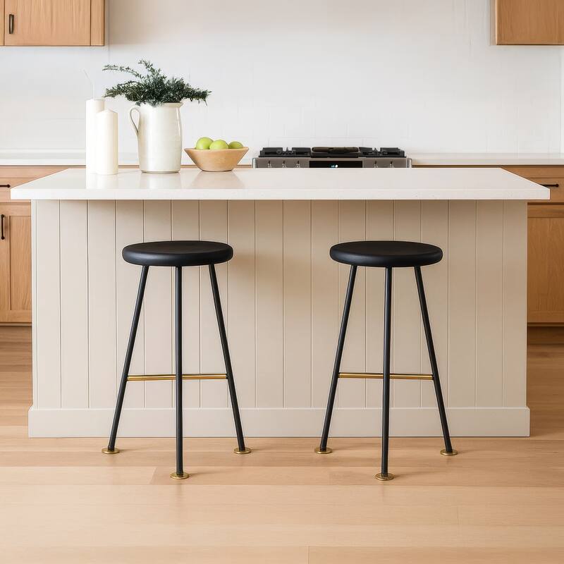 Elira 24.5 Backless Barstool with Round Mango Wood Seat PVD Coating Black Iron Legs Gold Footrest -  PVD Coating | Black Iron Legs | Gold Footrest|Black, Gold