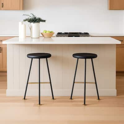 Elira 24.5 Backless Barstool with Round Mango Wood Seat PVD Coating Black Iron Legs Gold Footrest