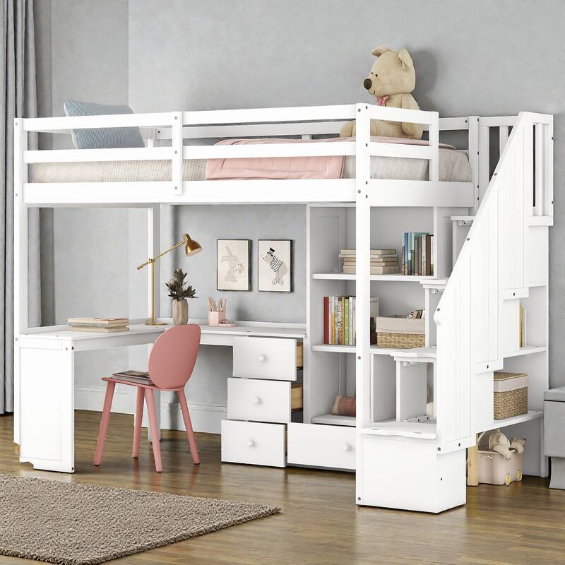 Twin Loft Bed with L Shaped Desk, Storage Stairs, Drawers and Cabinet, Space Saving Wood Loft Bed