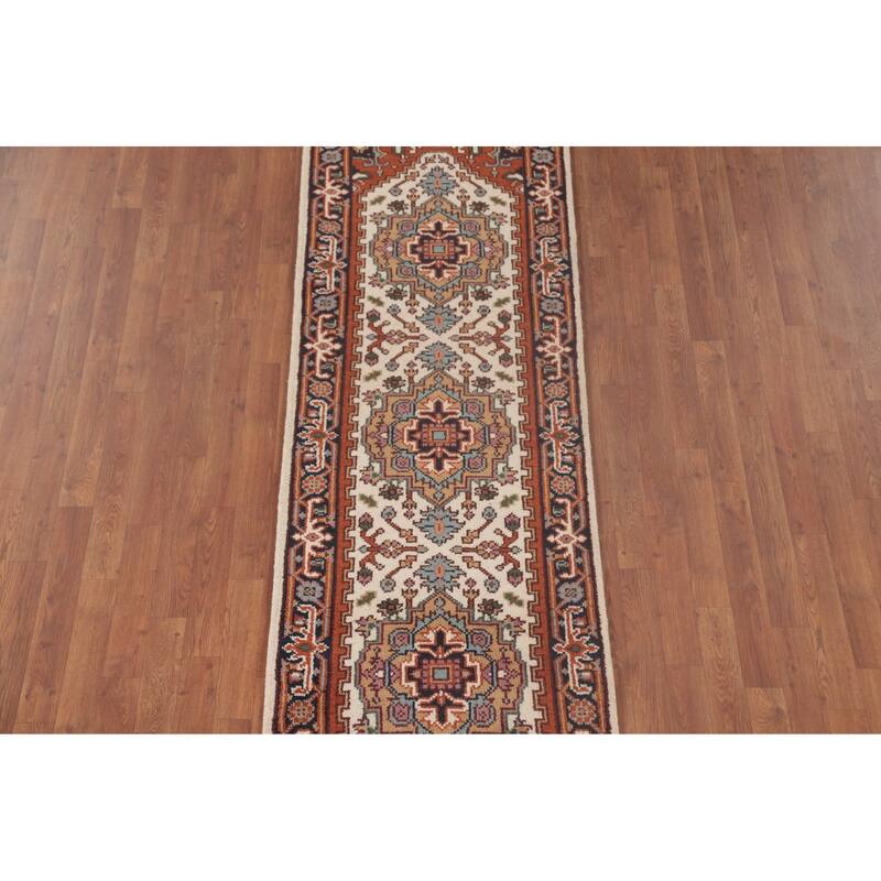 Geometric Beige Heriz-Serapi Oriental Runner Rug Handmade Wool Carpet - 2'6"x 8'0"