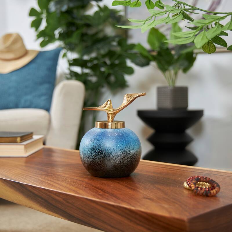 Blue Glass Galaxy Inspired Abstract Decorative Jars with Gold Wave Designed Top - 5.10 x 5.45 x 7.00