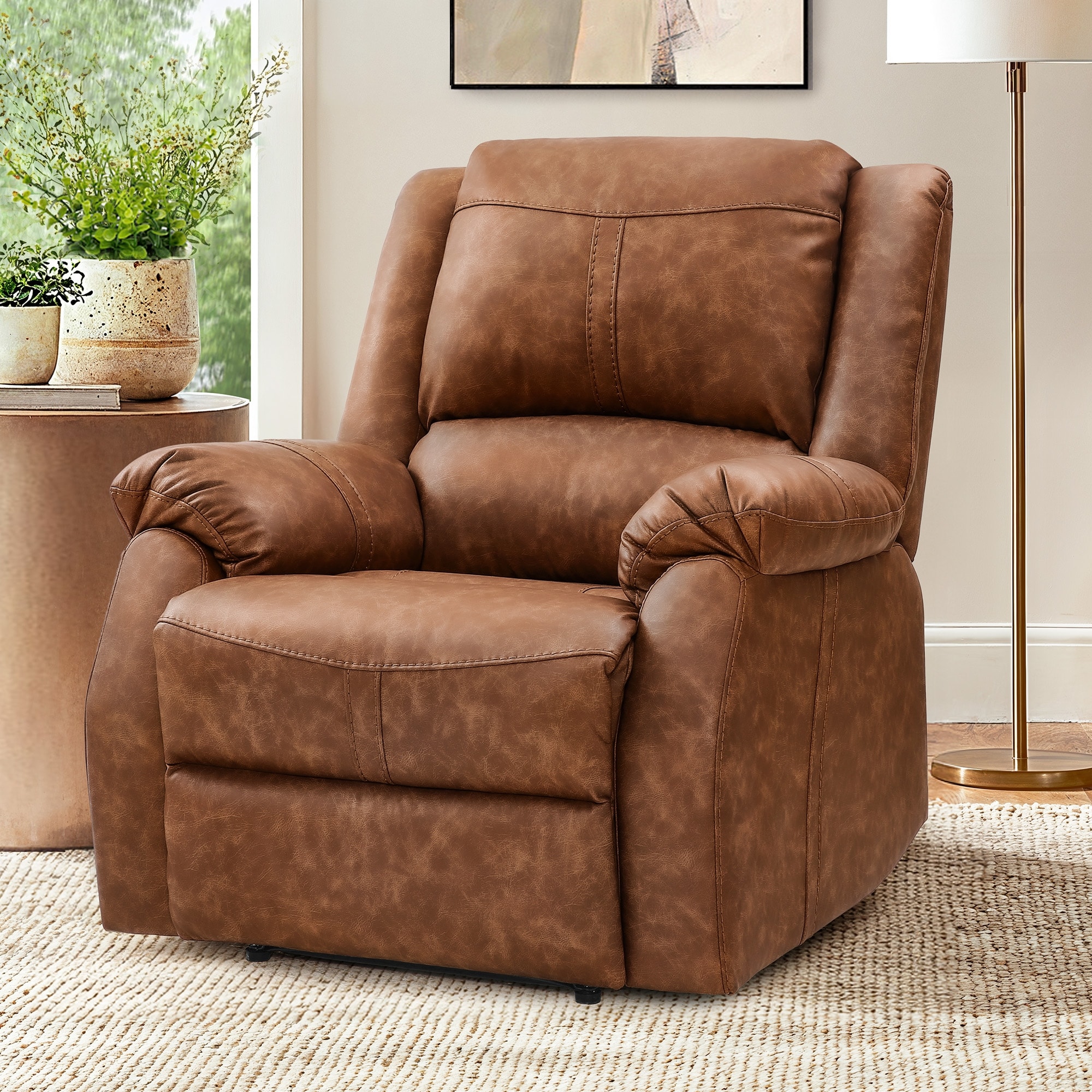Faux Leather Recliner Sofa, Classic And Traditional Manual Recliner Chair With Comfortable Arms And Single Sofa For Living Room