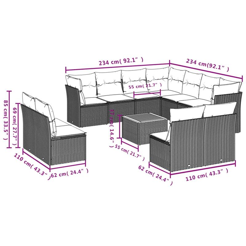 vidaXL Patio Sofa Set with Cushions Outdoor Furniture 12 Piece Poly Rattan - 24.4 x 24.4 x 27.2